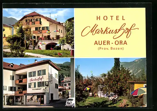AK Auer /Bozen, Hotel Markushof am Hauptplatz, Seiteneingang, Garten