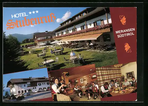 AK Meransen bei Mühlbach, Hotel Stubenruss - Garten- und Strassenansicht
