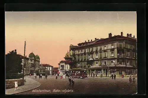 AK Winterthur, Strassenbahn auf dem Bahnhofplatz, Restaurant Gotthard