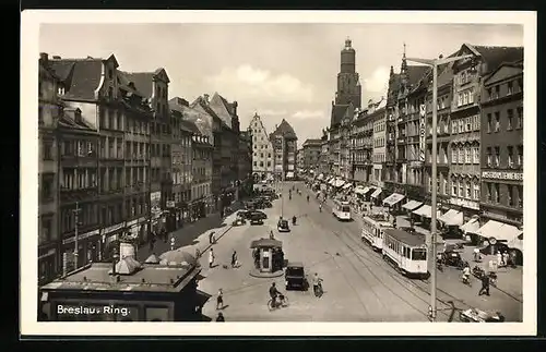 AK Breslau, Strasse Ring mit Geschäften und Strassenbahn