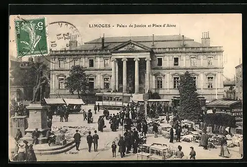 AK Limoges, Palais de Justice et Place d`Aisne, Strassenbahn