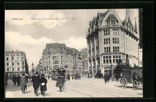 AK Hamburg, Blick auf Mönckebergstrasse und Stadt-Cafe mit Strassenbahn