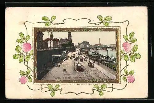 Präge-AK Dresden, Landungsplatz mit Brücke und Strassenbahn, Passepartout