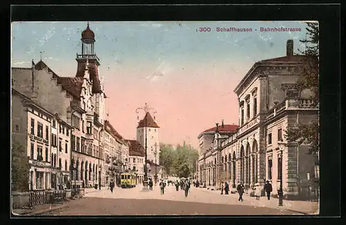 AK Schaffhausen, Bahnhofstrasse mit Strassenbahn