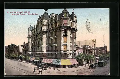 AK Buenos Aires, Avenida Callao y Corrientes, Strassenbahn