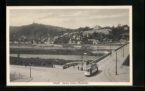 AK Trier, Partie linkes Moselufer mit Strassenbahn