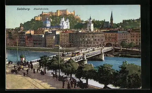 AK Salzburg, Staatsbrücke mit Strassenbahn