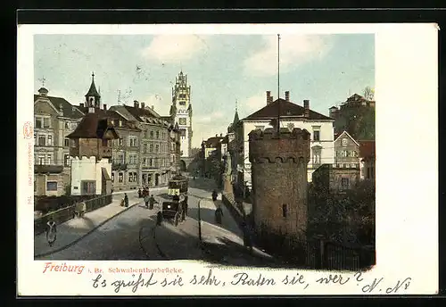 AK Freiburg i. Br., Schwabenthorbrücke mit Strassenbahn