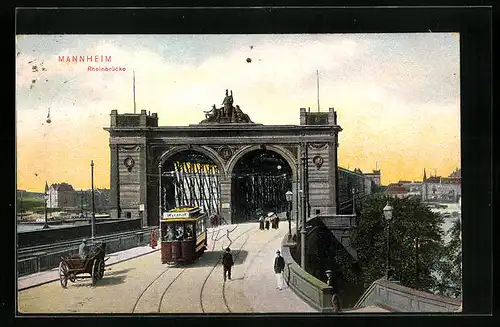 AK Mannheim, Rheinbrücke mit Strassenbahn