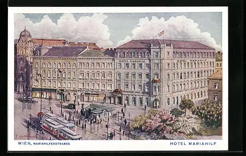 AK Wien, Mariahilferstrasse mit Hotel Mariahilf und Strassenbahnen
