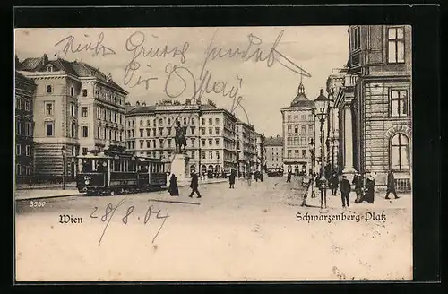 AK Wien, Partie am Schwarzenberg-Platz mit Passanten und Strassenbahn