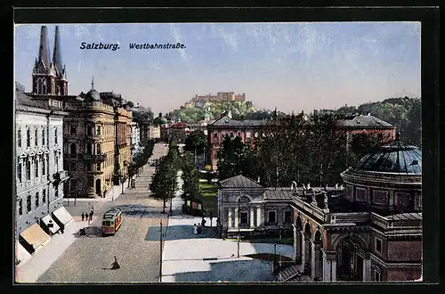 AK Salzburg, Westbahnstrasse mit Strassenbahn aus der Vogelschau