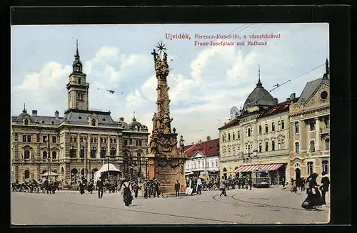 AK Ujvidék, Franz-Josefplatz mit Rathaus und Strassenbahn