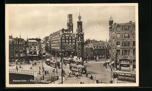 AK Amsterdam, Partie am Muntplein mit Strassenbahnen