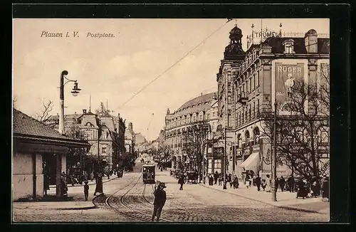 AK Plauen i. V., Partie am Postplatz mit Strassenbahn