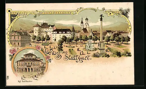 Lithographie Stuttgart, Kgl. Hoftheater, Schlossplatz mit Jubiläumssäule