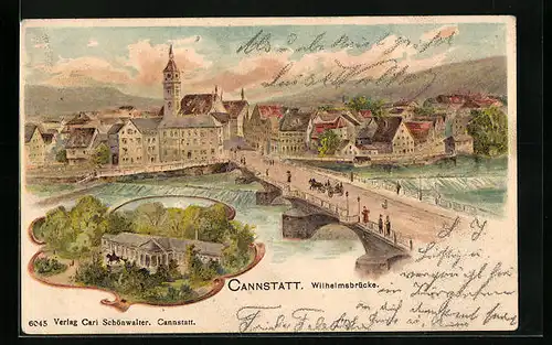 Lithographie Cannstatt, Wilhelmsbrücke, Kursaal