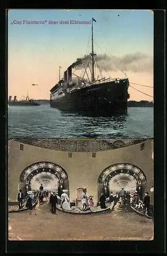 AK Passagierschiff Cap Finisterre über dem Elbtunnel und Passanten im Elbtunnel
