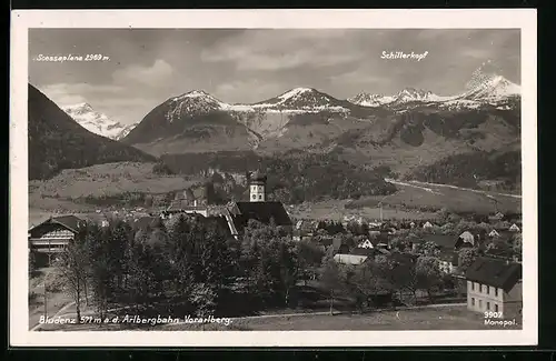 AK Bludenz a. d. Arlbergbahn, Teilansicht mit Kirche, Scesaplana und Schillerkopf