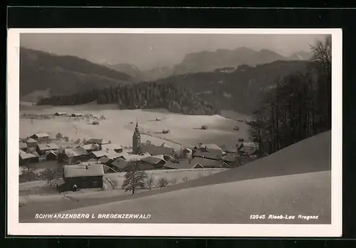 AK Schwarzenberg, Ortsansicht aus der Vogelschau im Winter