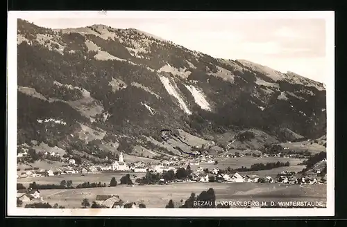 AK Bezau, Ortspanorama mit Winterstaude