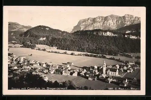 AK Bezau, Ortsansicht aus der Vogelschau bei Sonnenschein