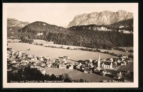 AK Bezau, Ortsansicht bei Sonnenschein aus der Vogelschau