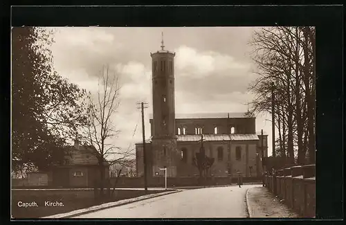 AK Caputh, Strassenpartie mit Kirche