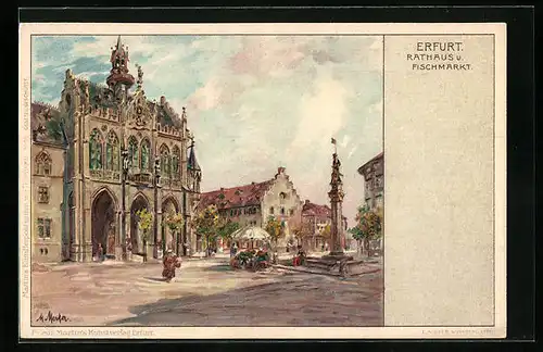 Lithographie Erfurt, Rathaus und Fischmarkt