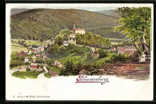 Lithographie Schwarzburg, Ortsansicht aus der Vogelschau