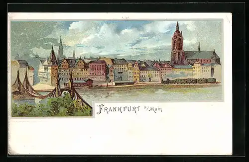 Lithographie Frankfurt a. M., Stadtansicht mit Brücke