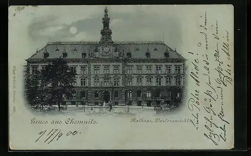 Mondschein-AK Chemnitz, Vorderansicht des Rathauses