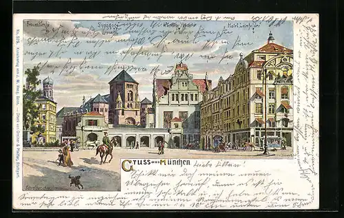Künstler-AK München, Lenbachplatz mit Frauenkirche, Synagoge und Hotel Leinfelder