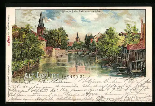Lithographie Alt-Erfurt, Lehmannsbrücke im Venedig