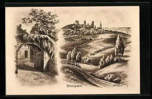 Künstler-AK Stolpen, Ortsansicht aus der Ferne, Strassenpartie mit Eingangstor