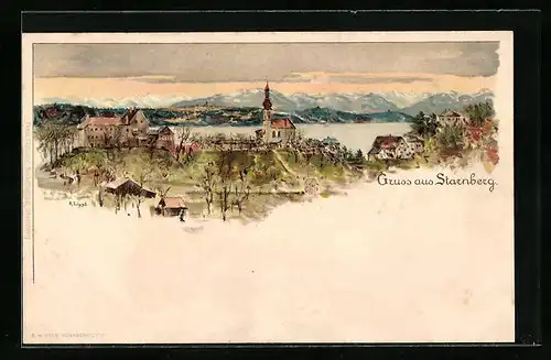 Künstler-AK Starnberg, Teilansicht mit Kapelle gegen den Starnberger See