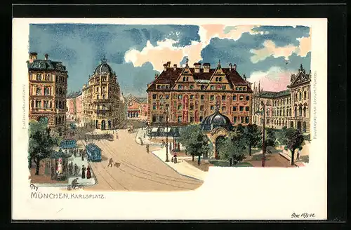 Künstler-AK München, Strassenpartie am Karlsplatz