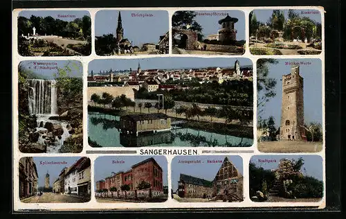 AK Sangerhausen, Rosarium, Ulrichplatz, Moltke-Warte, Schule, Stadtpark