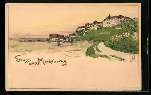 Künstler-AK Meersburg, Ortsansicht vom Wasser aus