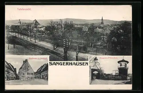 AK Sangerhausen, Totalansicht, Husaren-Pförtchen, Rathaus und Schloss