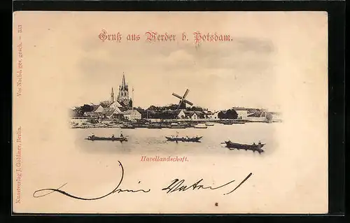 AK Werder /Havel, Panorama mit Windmühle von der Havel aus