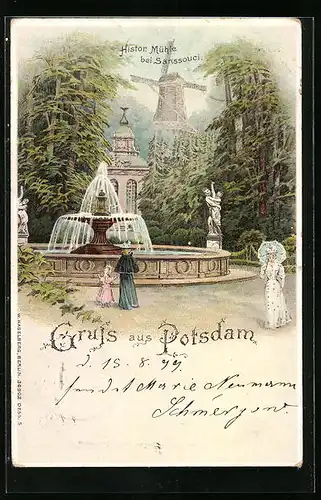 Lithographie Potsdam, Histor. Mühle bei Sanssouci