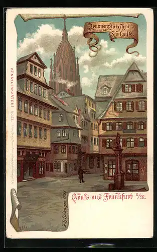 Lithographie Frankfurt a. Main, Brunnenplätzchen in der Saalgasse