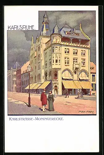 AK Karlsruhe, Passanten an der Karlstrasse-Moningerecke