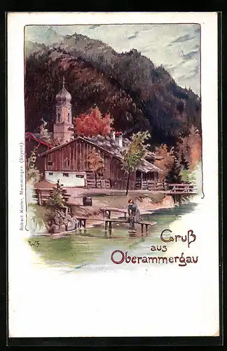 Künstler-AK Oberammergau, Panorama mit Kirche