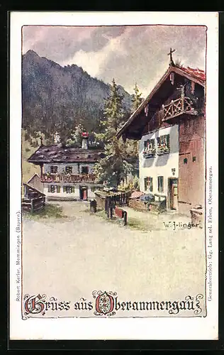Künstler-AK Oberammergau, Strassenzug mit Berglandschaft