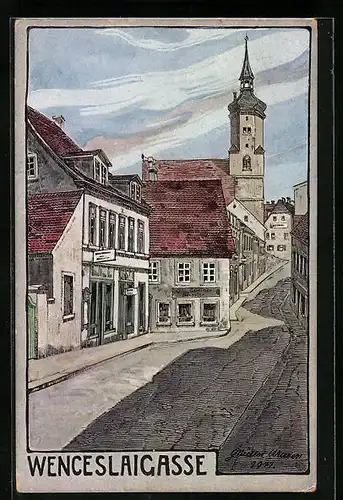 Künstler-AK Wurzen, Wenceslaigasse mit Kirchturm