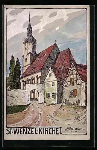 Künstler-AK Wurzen, Blick zur St. Wenzel-Kirche
