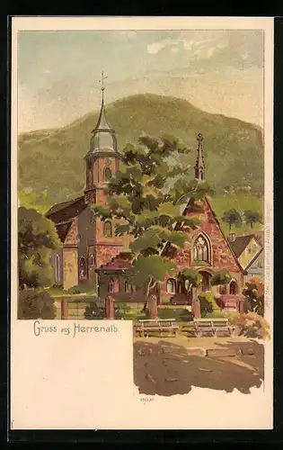 Lithographie Herrenalb, Ansicht der Kirche