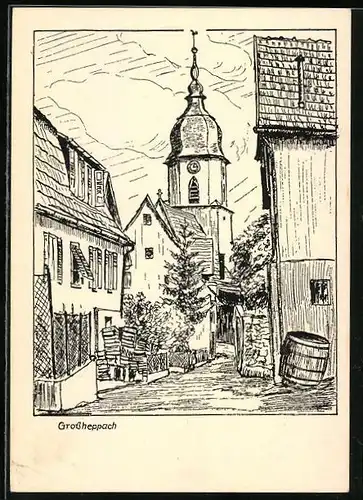 Künstler-AK Grossheppach, Blick zur Kirche